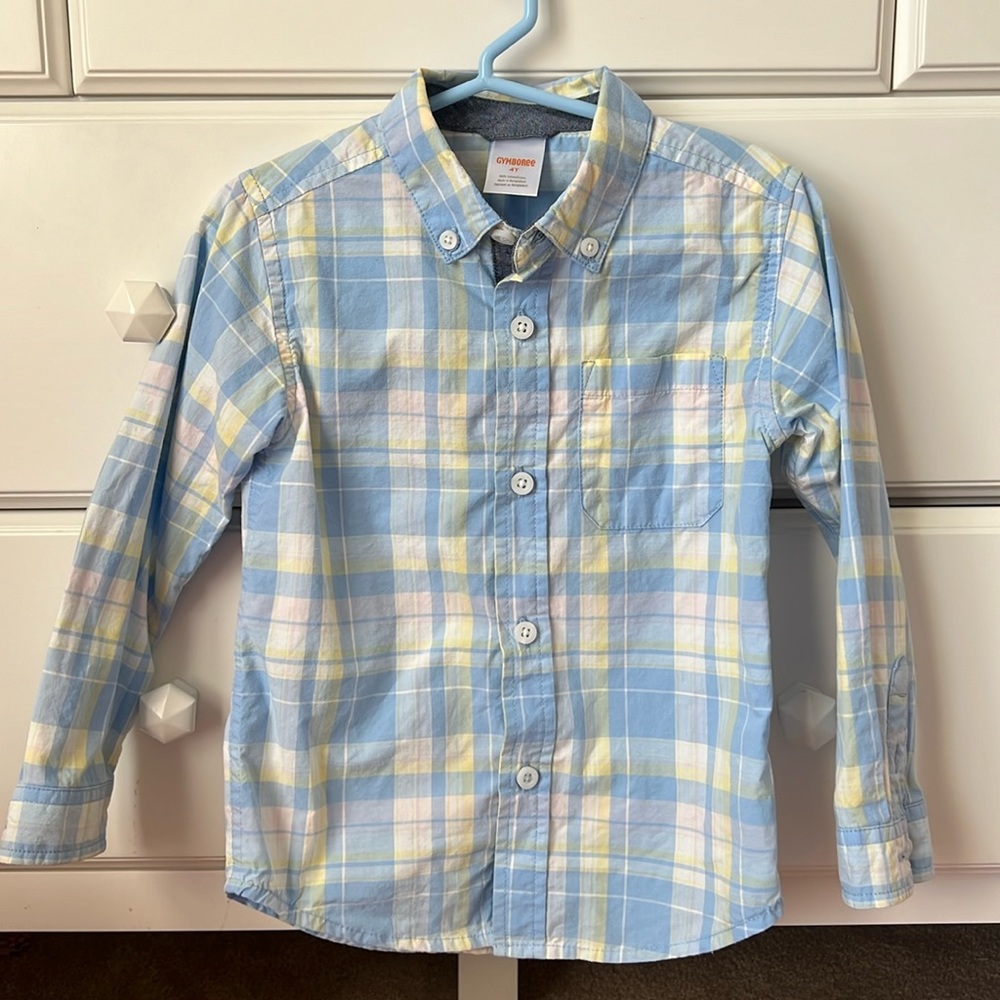 Gymboree blue and yellow plaid long sleeve button up dress shirt. Size 4t.